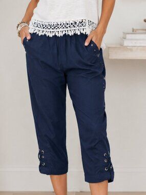 Navy Blue Capri Pants Large Pull On Elastic Waist Casual Comfort Pockets